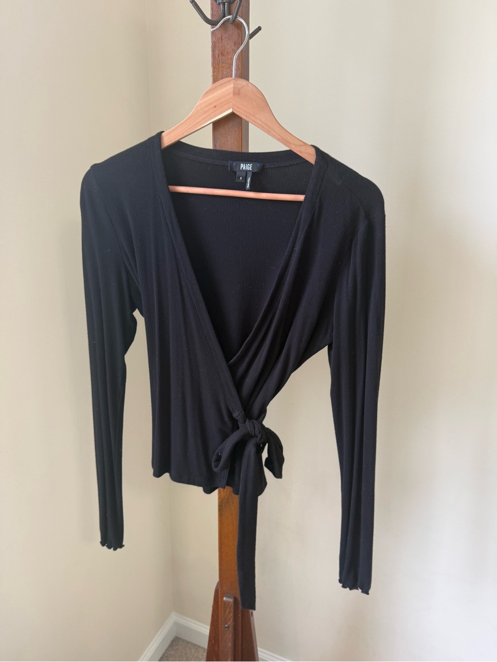 PAIGE Black Ribbed Long-Sleeve Wrap Tie Blouse